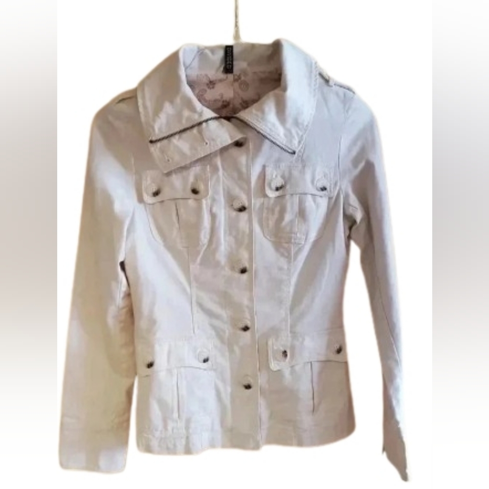 H&M Cropped Denim Utility Jacket • Cream / Off-White • Size Small